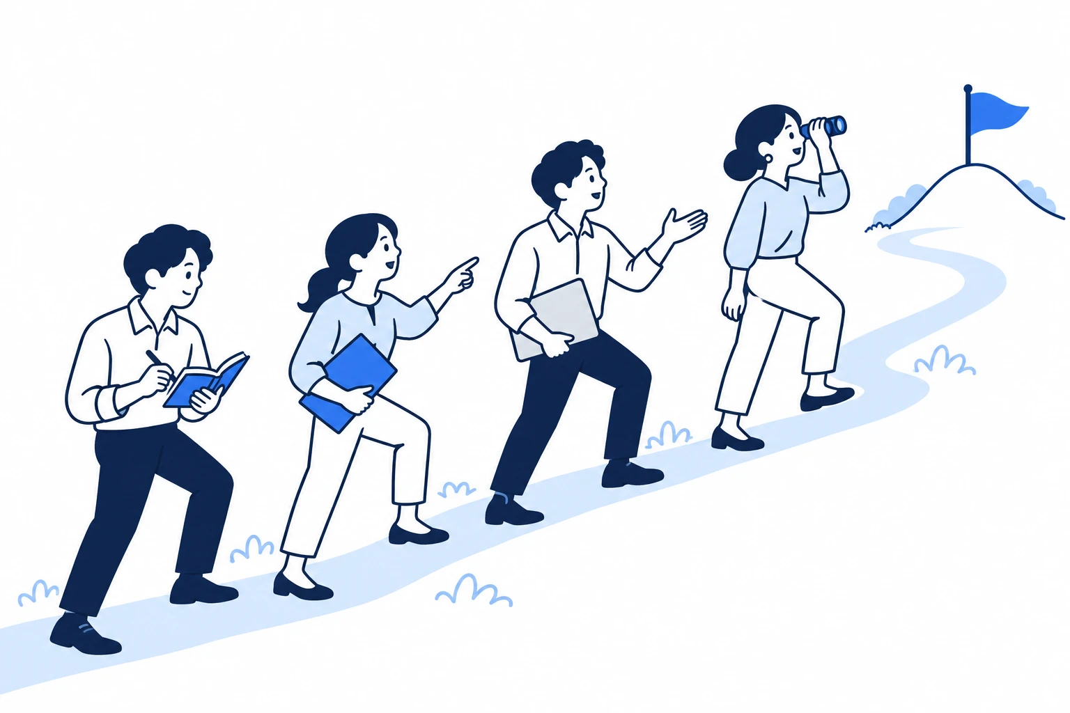 手元、近く、遠くを見る4人が、同じ旗を目指して一つの道を進むイメージ